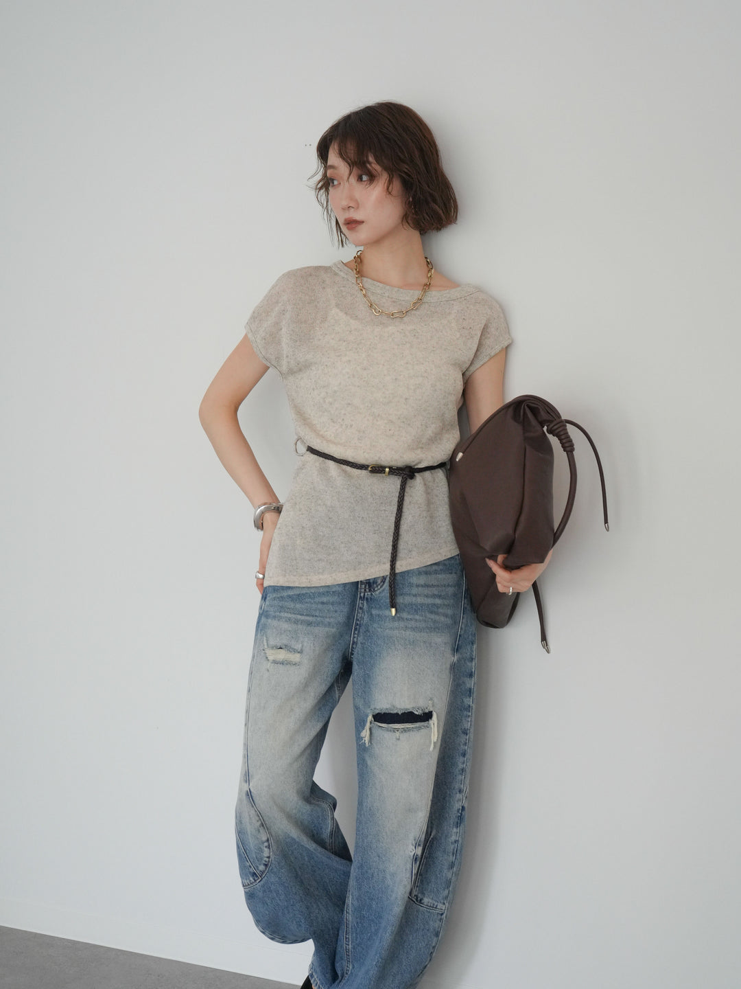 [予約]ベルト付アシメシアーニットトップス/beige