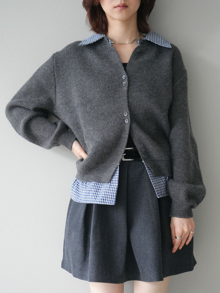 [SET]チェックシャツ襟ニットカーディガン+ベルト付きタックミニスカート(2set)