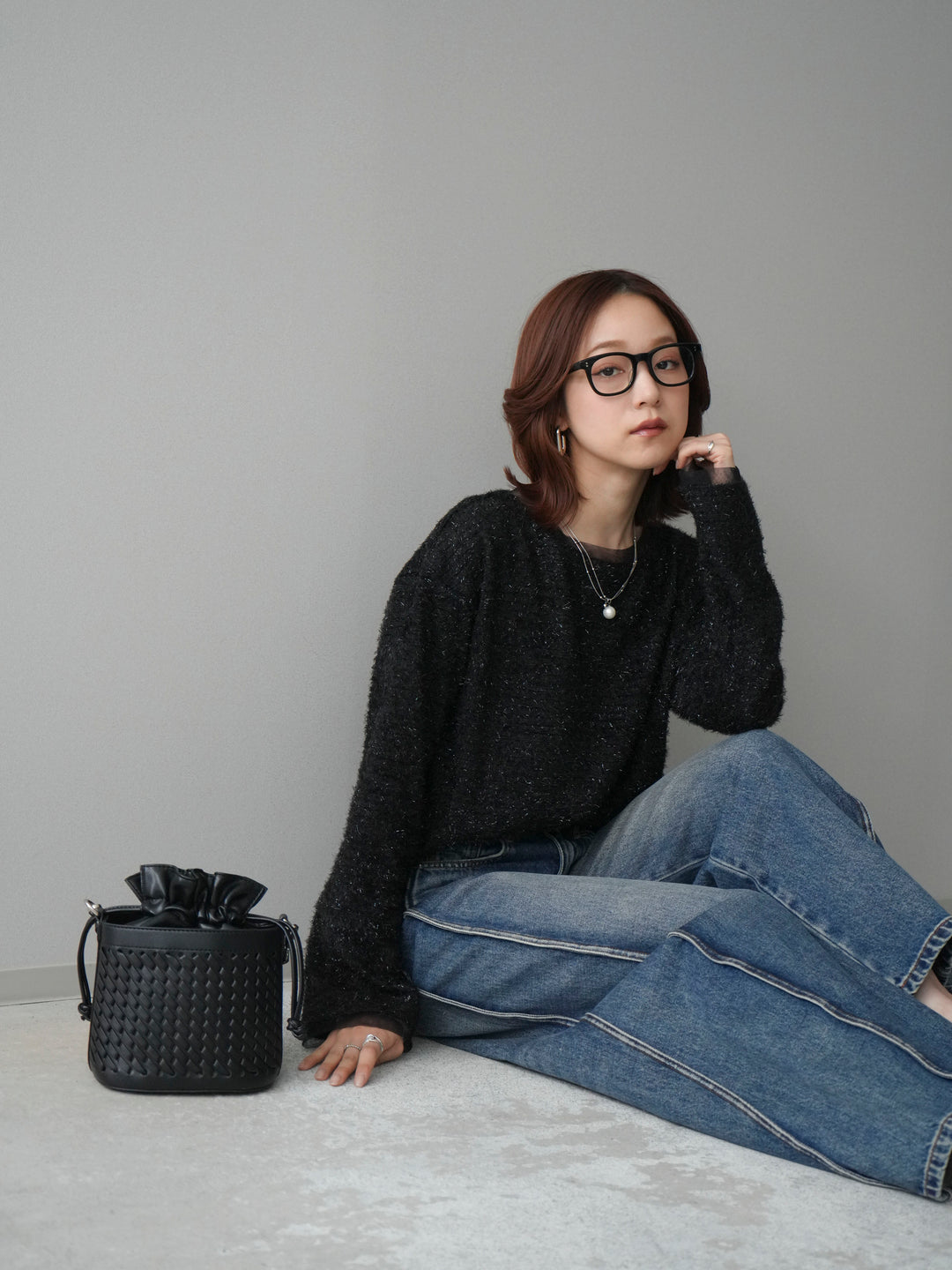 [SET]ラメシャギートップス+サイド切替カーブデニムパンツ(2set)