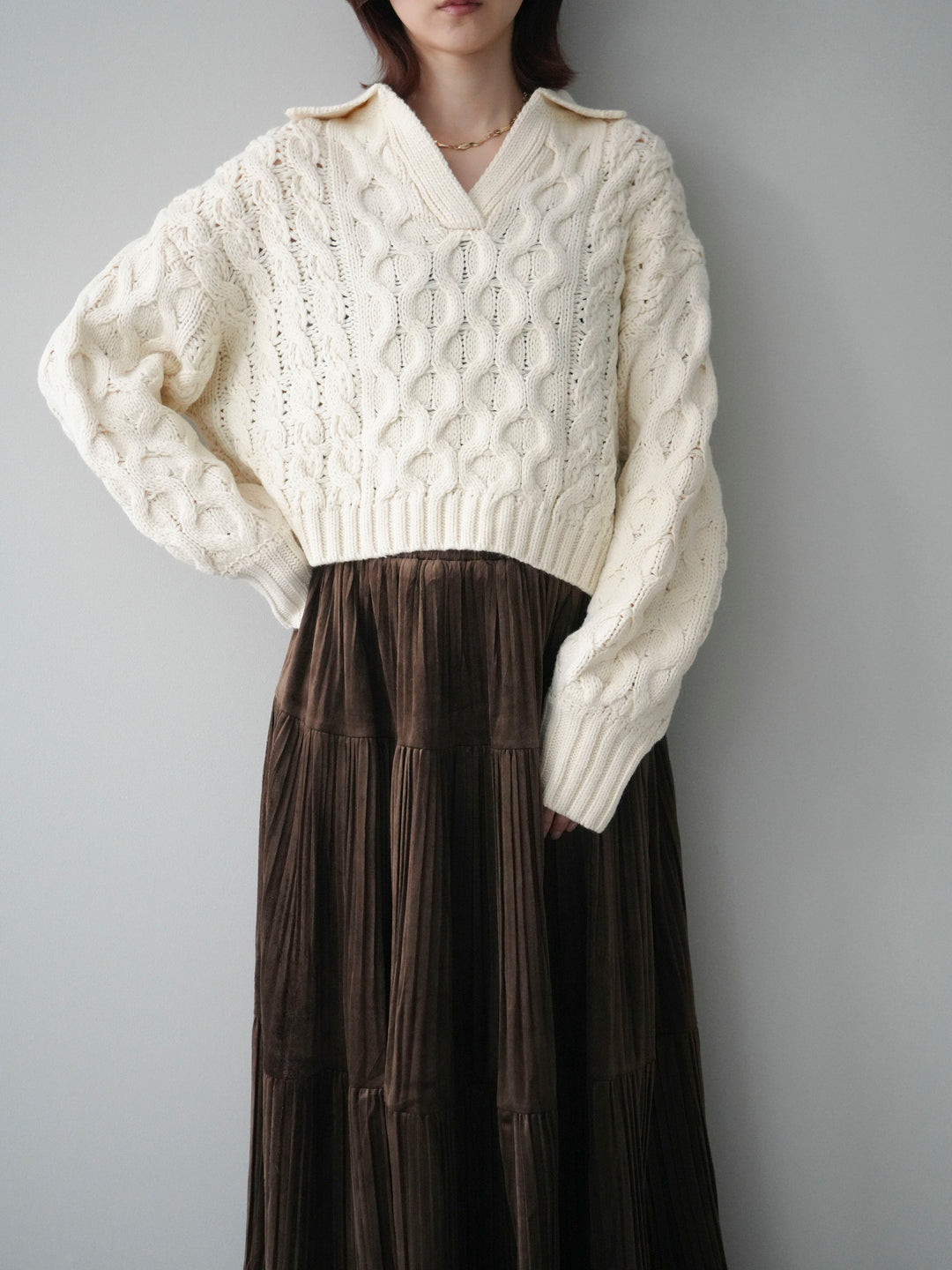 [SET]バルキーケーブルクロップド開襟プルオーバー+ベロアティアードワッシャースカート(2set)