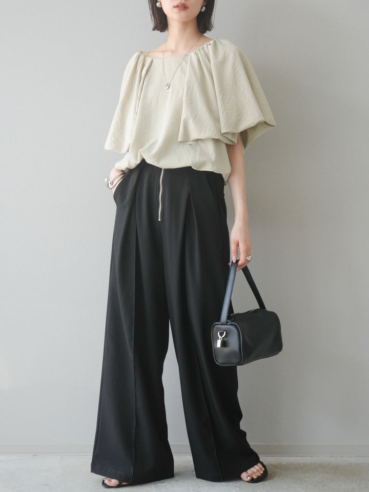[SET] 燈籠袖褶襉設計上衣 + 拉鍊褶襉寬褲 (2 套)
