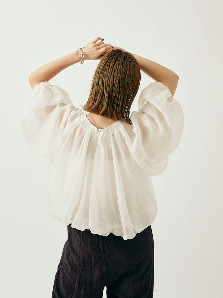 【Allure】[SET]オーガンジーバルーンショートブラウス+シャイニースラブシアーワイドパンツ(2set)