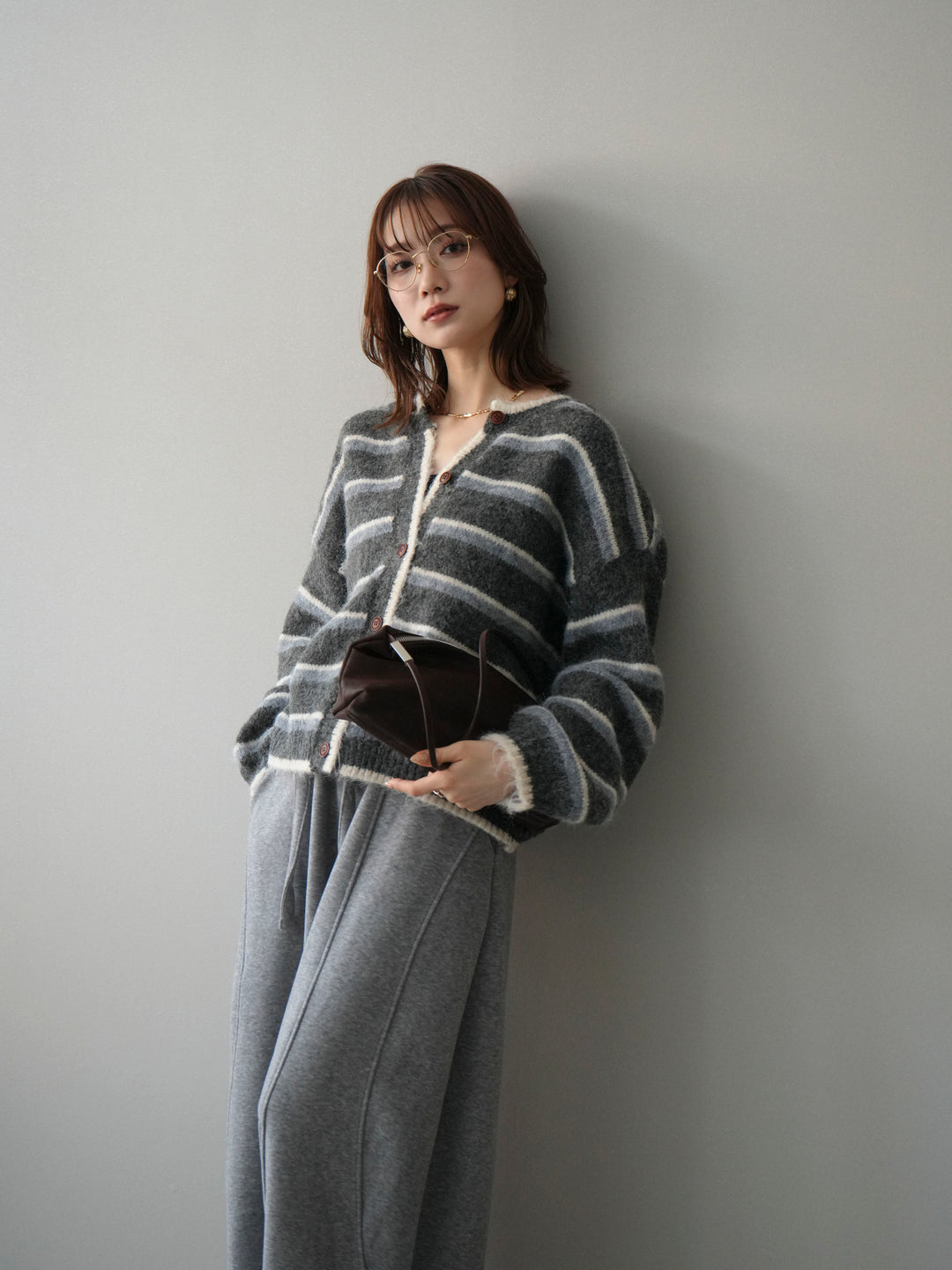 [SET]ウールタッチ配色ボーダーニットカーディガン+選べるアクセセット(2set)