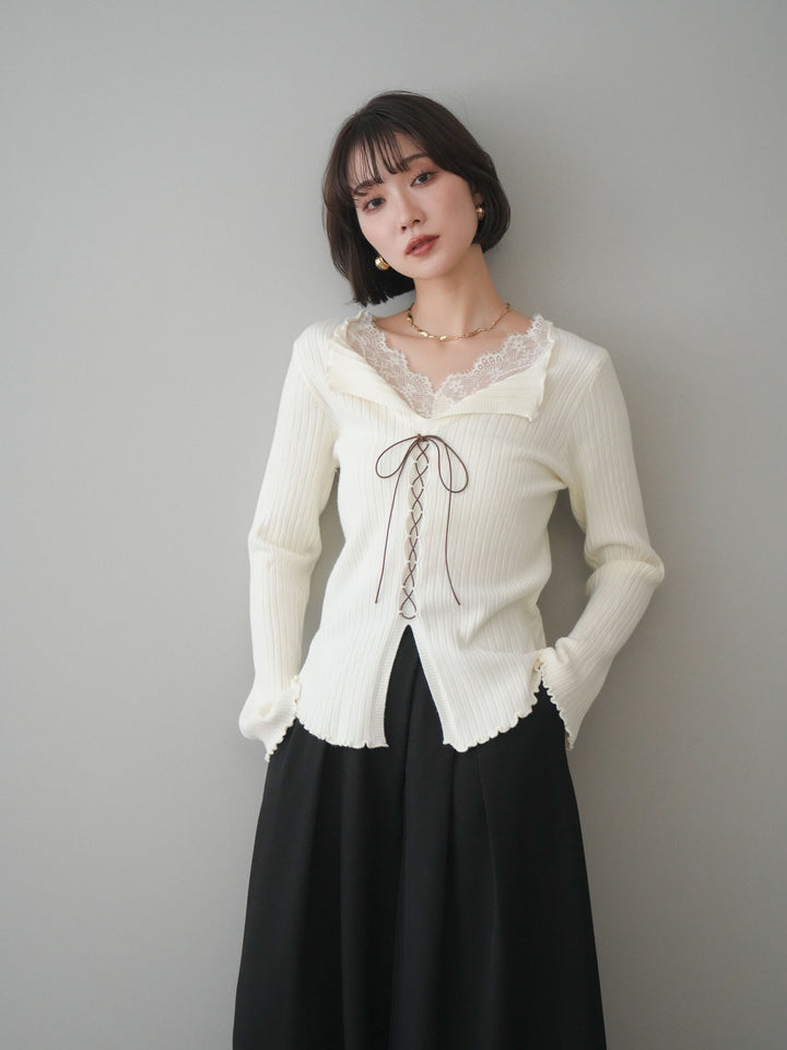 [予約]レースネックレースアップリブニットトップス/ivory