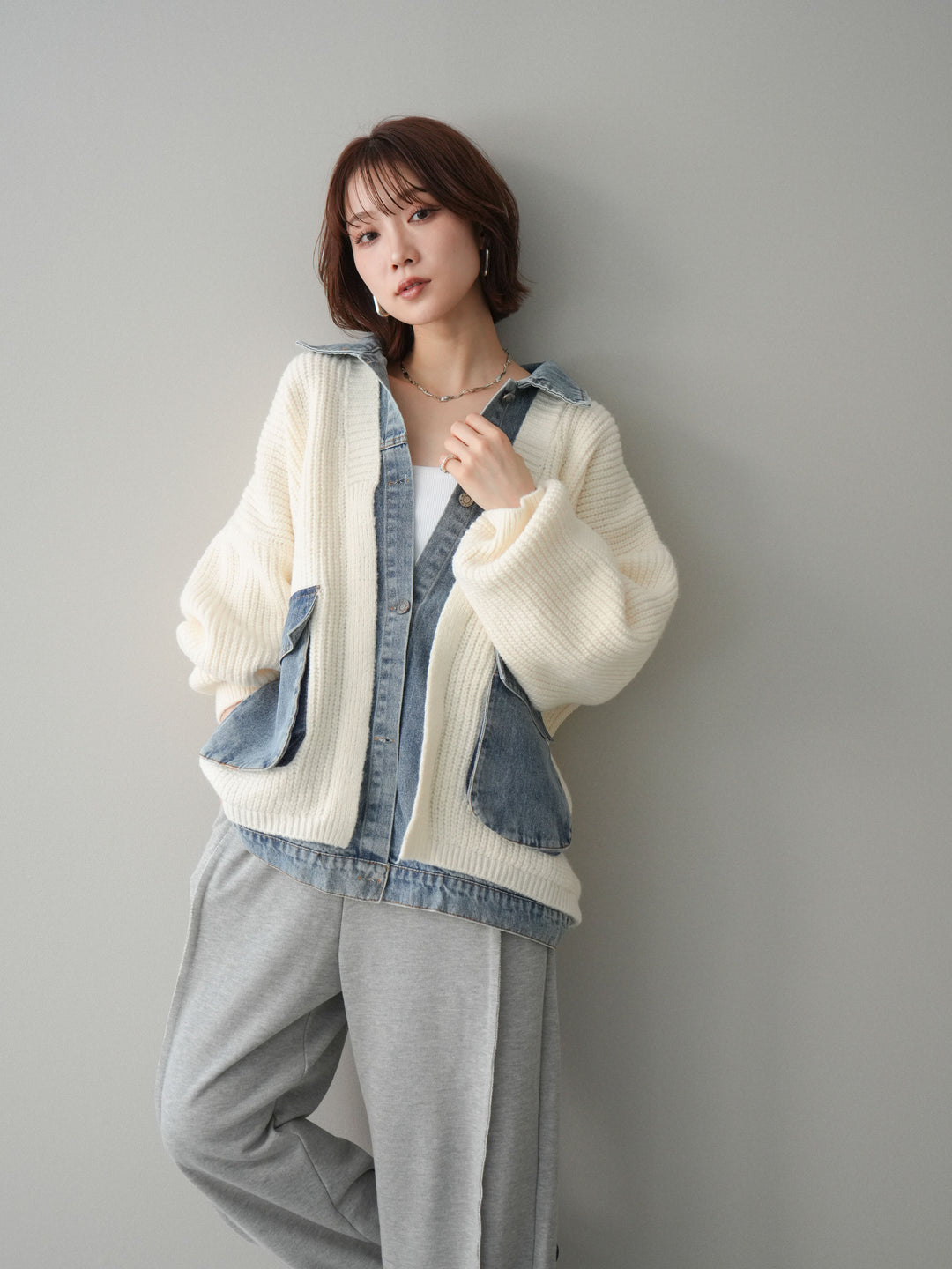SET]デニムドッキングオーバーニットジャケット+2WAYデザイン 