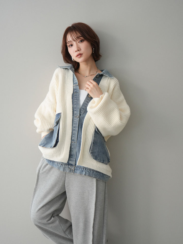[SET]デニムドッキングオーバーニットジャケット+2WAYデザインスウェットパンツ(2set)