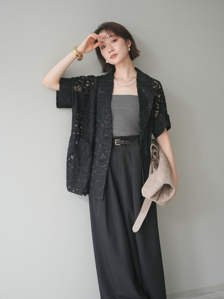 【套裝】花朵蕾絲短袖外套+垂褶收腰帶環長褲（兩件套）