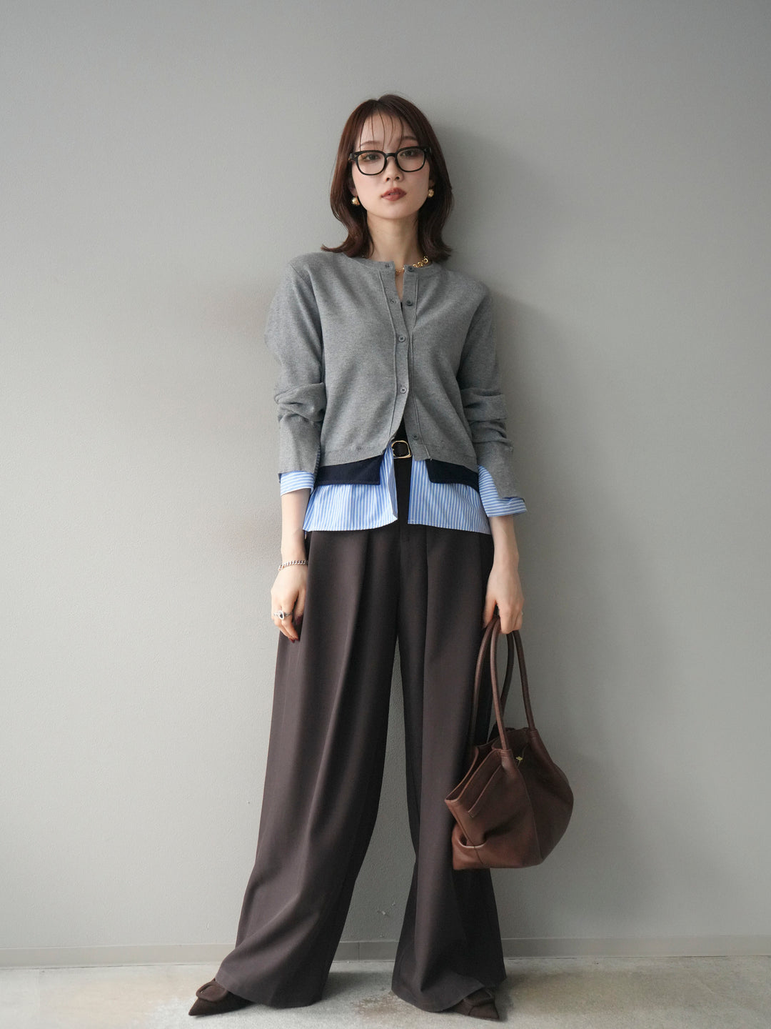 [SET]シャツ襟レイヤードニットカーディガン+ベルトループデザインワイドパンツ(2set)