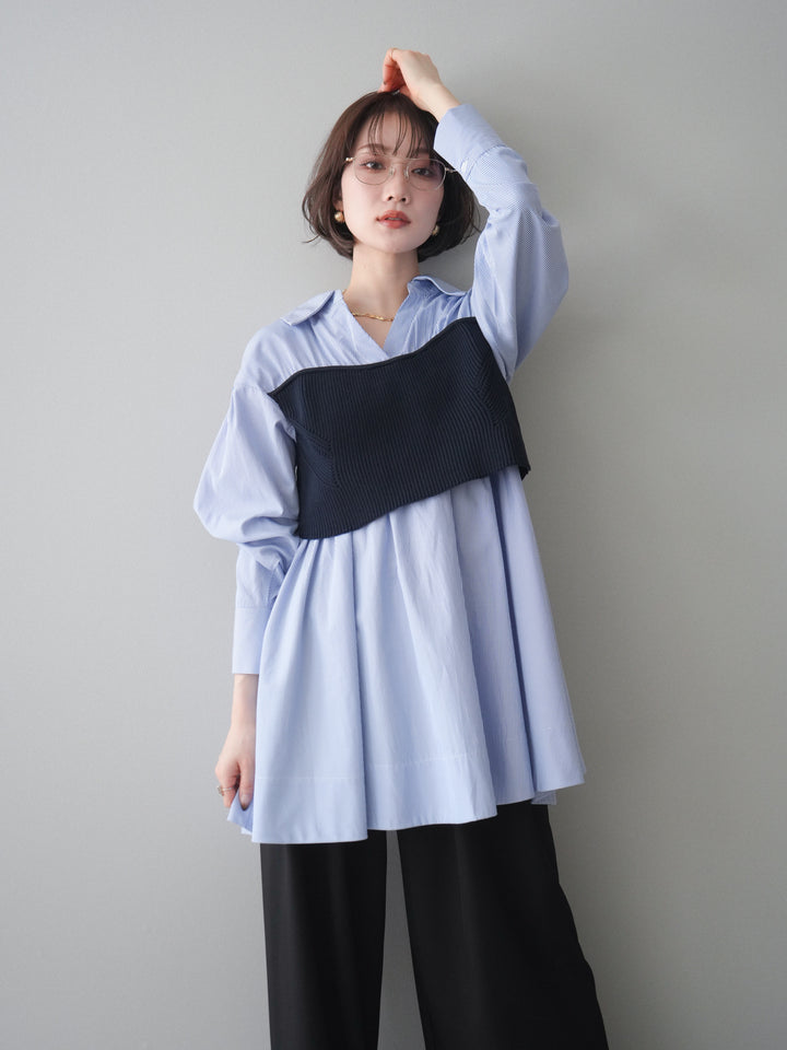 [予約]ニットビスチェドッキングフレアシャツチュニック/stripe