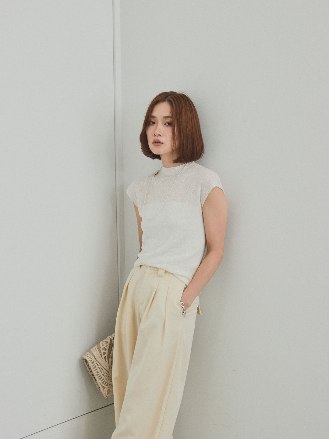 [予約]フレンチスリーブシアーニットトップス/ホワイト