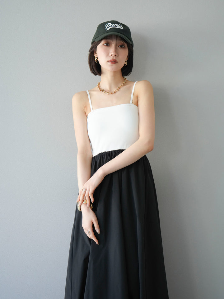 [予約]異素材ドッキングカップ付ベアキャミバルーンワンピース/オフブラック