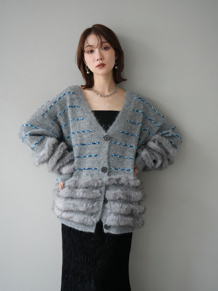 [予約]フェザーライン配色シャギーニットカーディガン/グレー