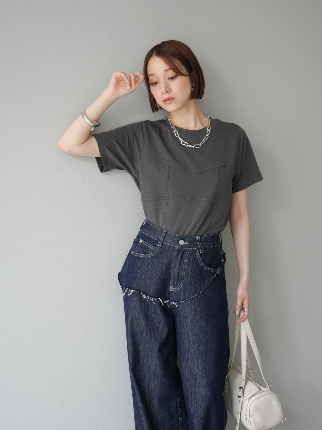 [SET]ビスチェデザインTシャツ+ヒップデザインデニムパンツ(2set)