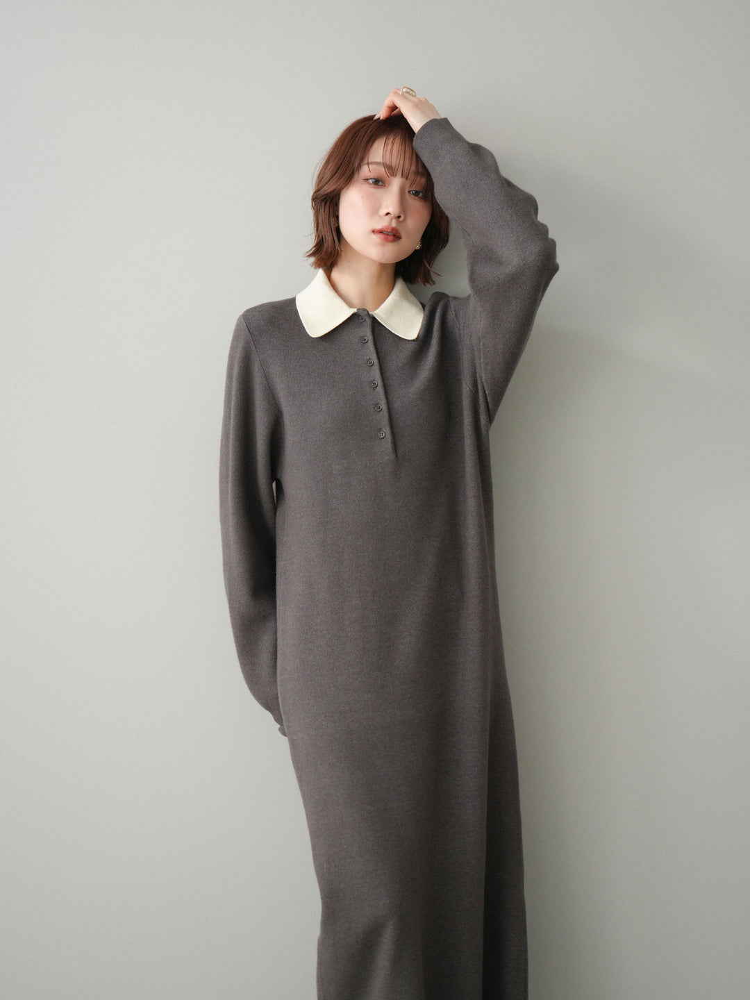 [予約]配色ポロニットワンピース/charcoal