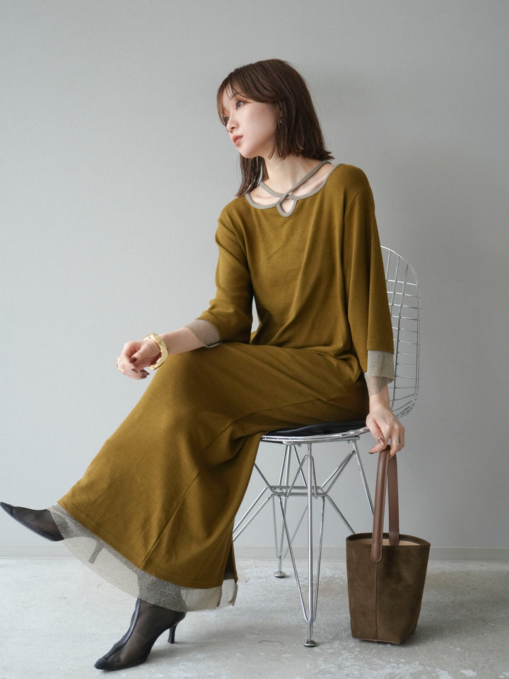 [予約]デザインネックラメシアー切替ニットワンピース/カーキ