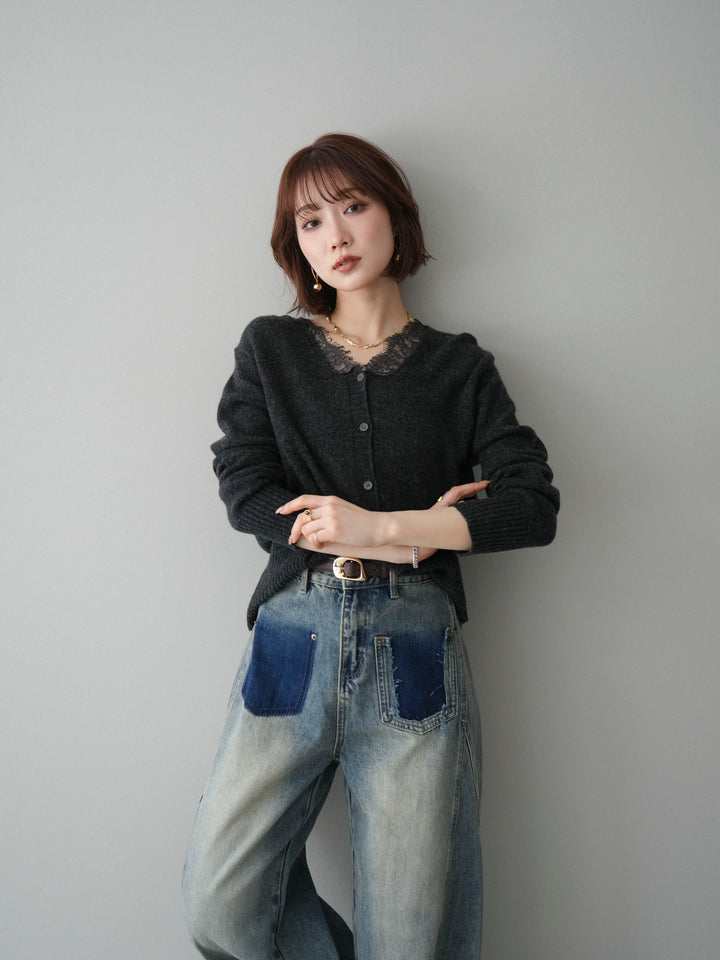 [SET]レースネックニットカーディガン+染めデザインポケットデニムパンツ(2set)
