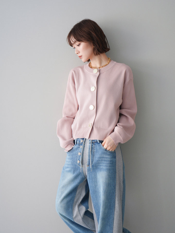 [SET]メタルボタンクルーネックニットカーディガン+デニム切替スウェットパンツ(2set)