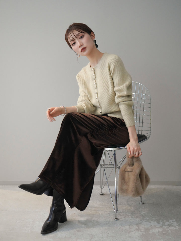 [SET]シルバーボタン畦編みニットカーディガン+ギャザーベロアスカート(2set)