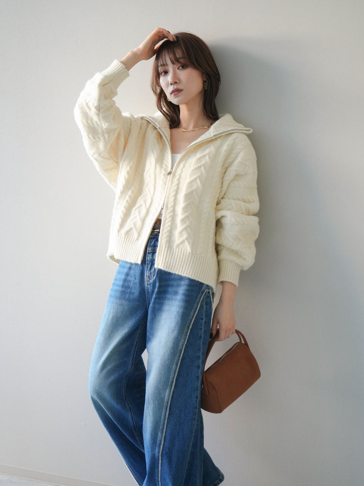 [SET]ケーブル編みハイネックZIPニットカーディガン+選べるアクセセット(2set)