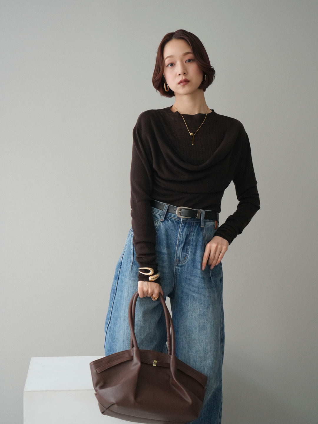 [予約]ボトルネックドレープレイヤードニットトップス/brown