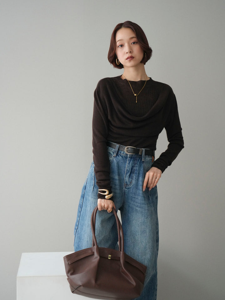 [予約]ボトルネックドレープレイヤードニットトップス/brown