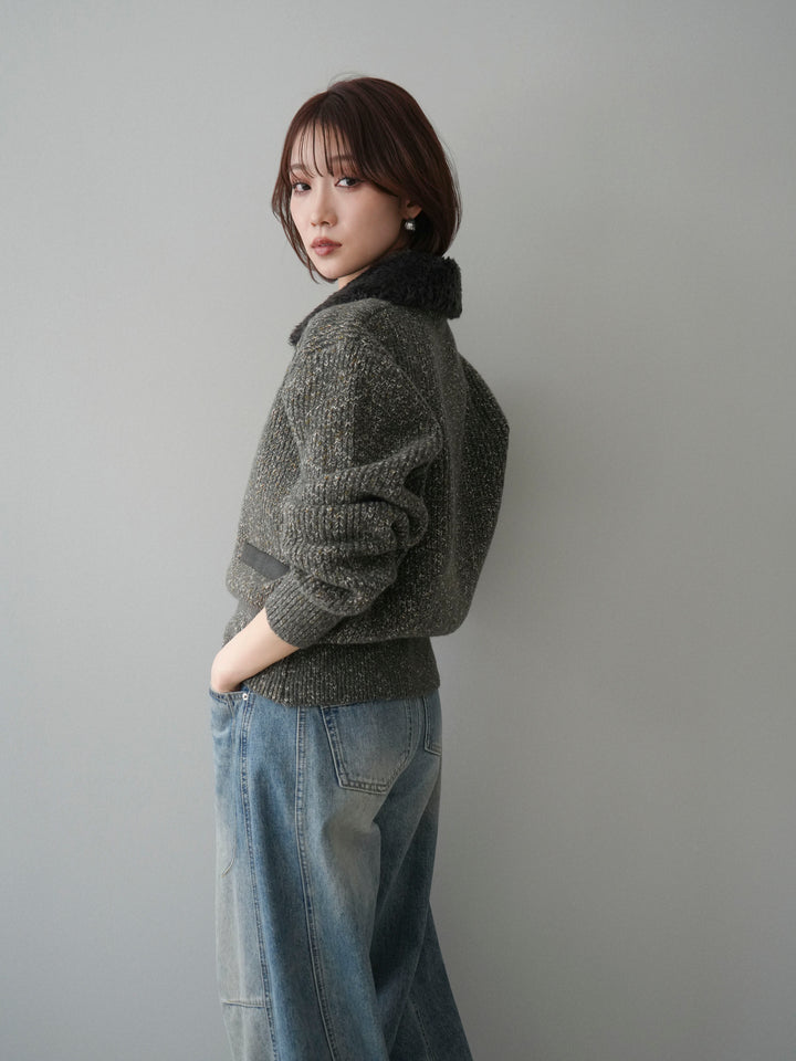 [SET]襟ボアミックスヤーンニットカーディガン+ベルト付カーブデニムパンツ(2set)