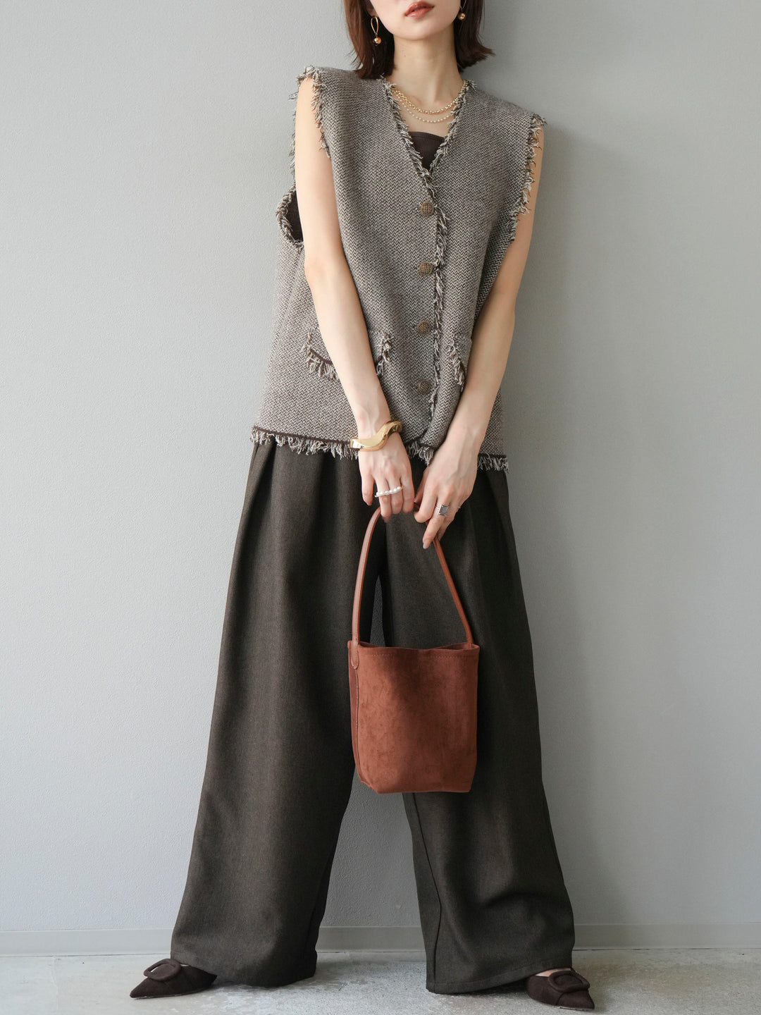 [予約]ツイードライクフリンジニットベスト/ブラウン