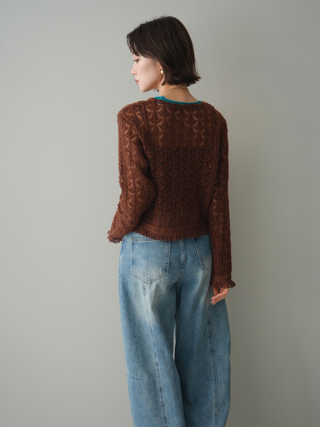 [予約]扇透かし編みクロップドニットプルオーバー/brown