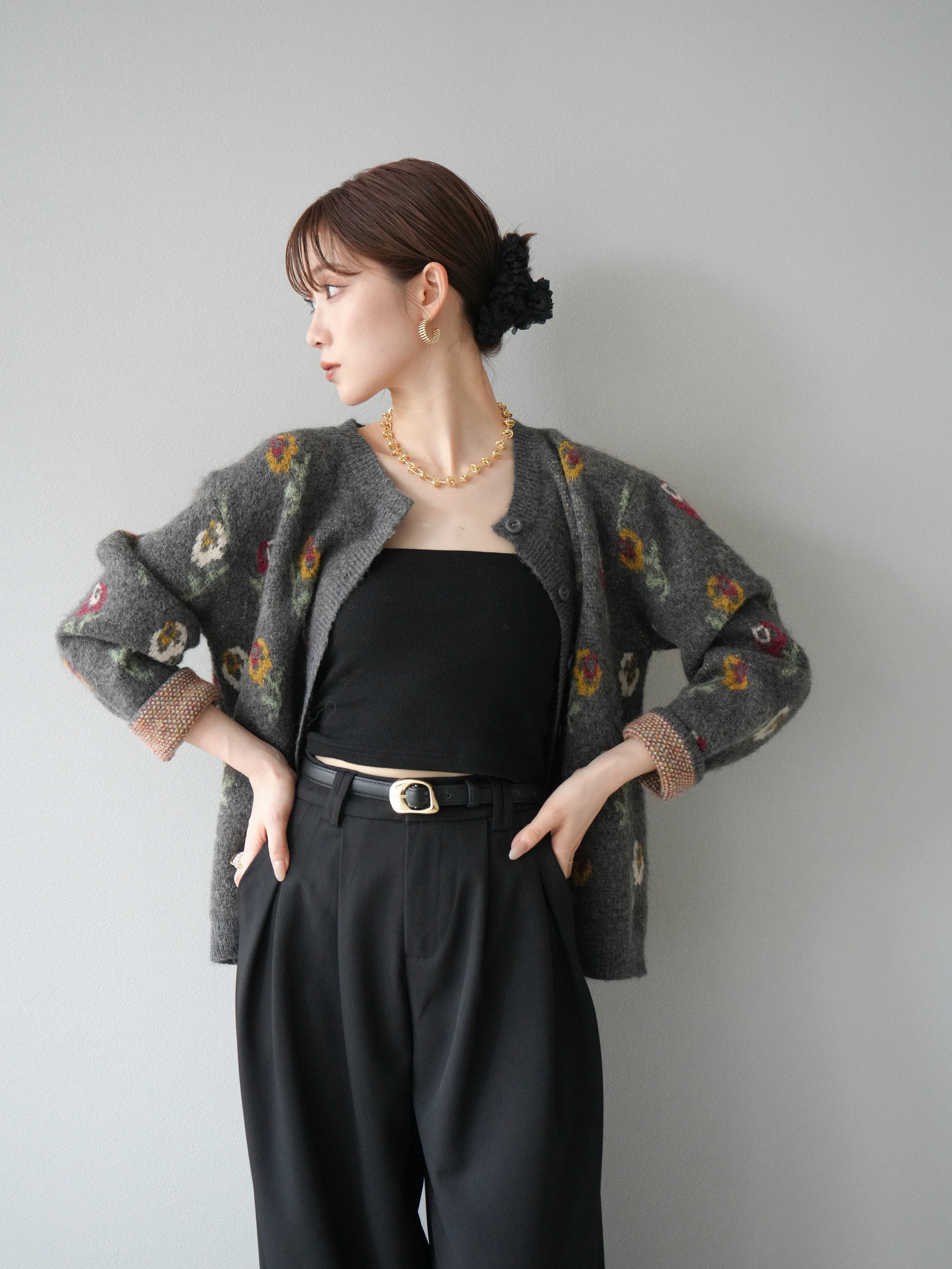 予約]ウールタッチフラワーニットカーディガン/チャコール – Lumier