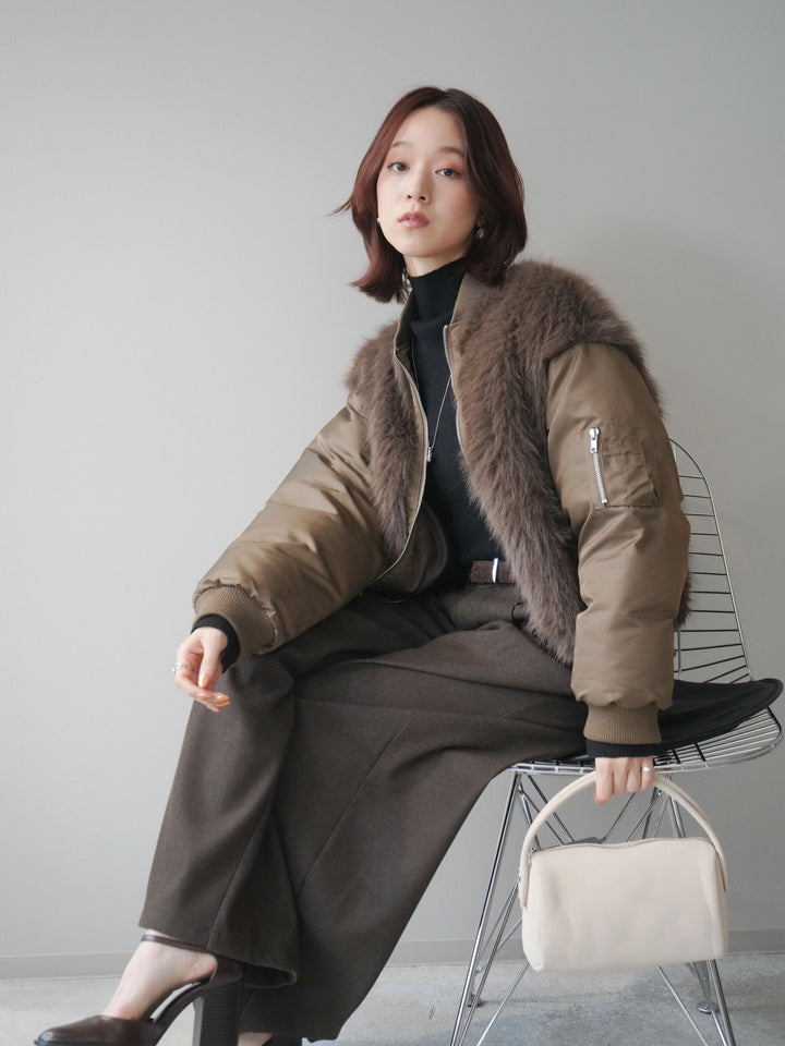 [SET]ファードッキングMA-1+袖ボタンボトルネックリブニットトップス+アニマル柄ベルト付きウールタッチワイドパンツ(3set)