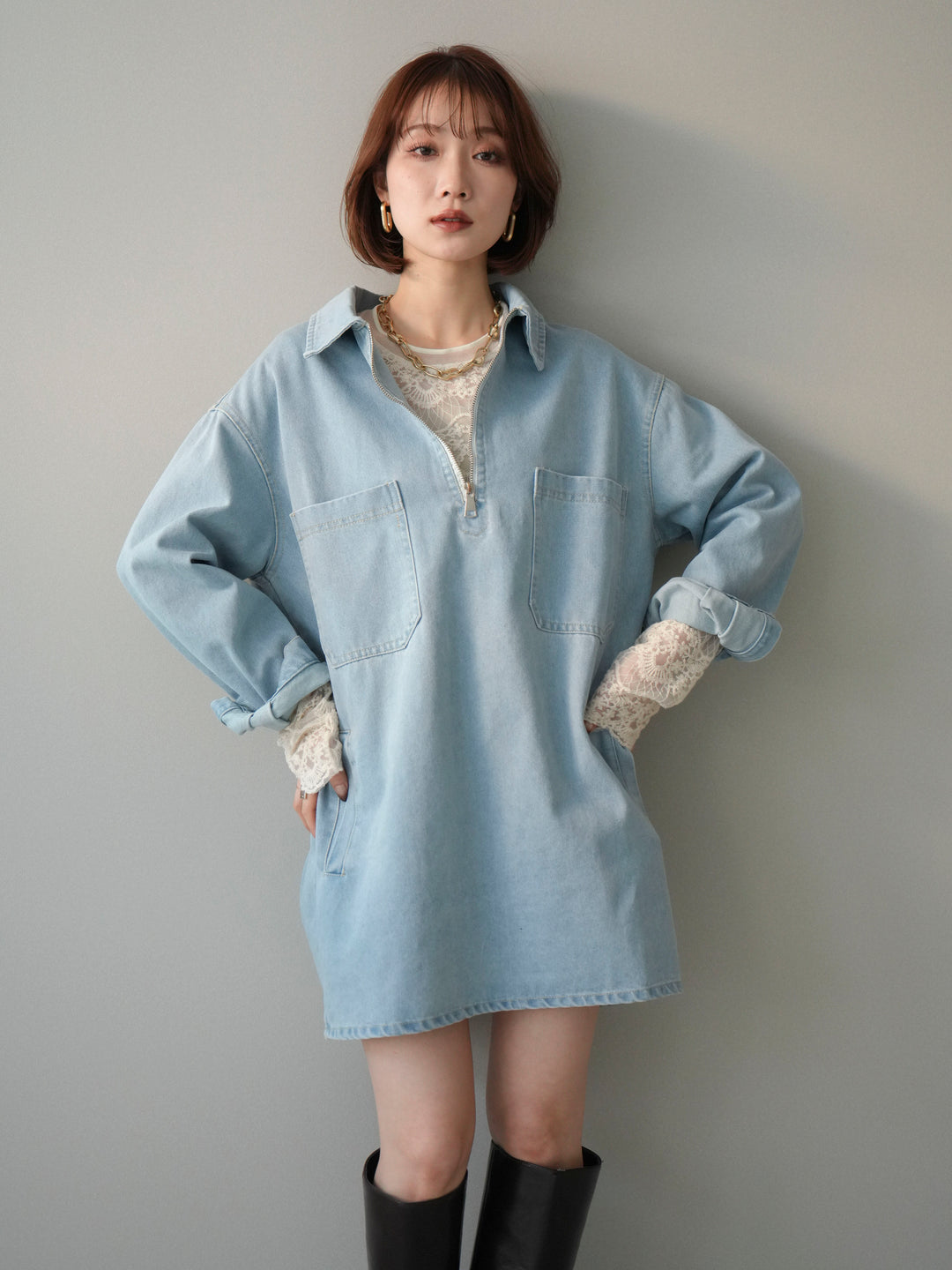 [予約]ハーフジップデニムミニワンピース/blue