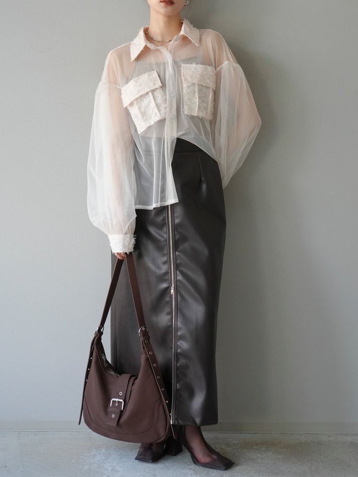 [予約]フリンジジャガード×チュールレイヤードシャツ/アイボリー