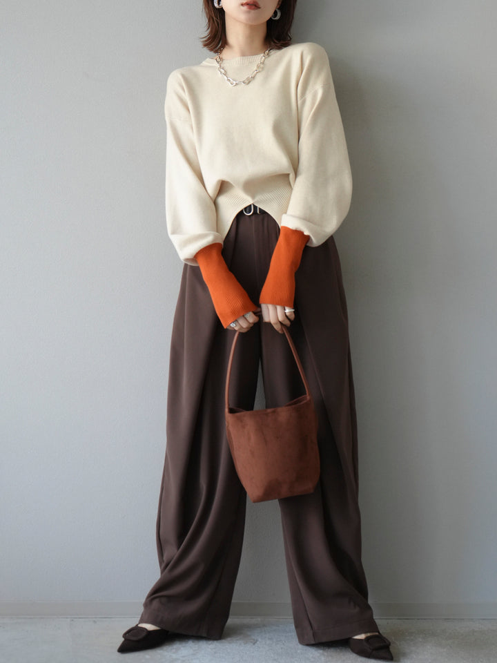 [予約]袖配色フロントスリットニットプルオーバー /アイボリー