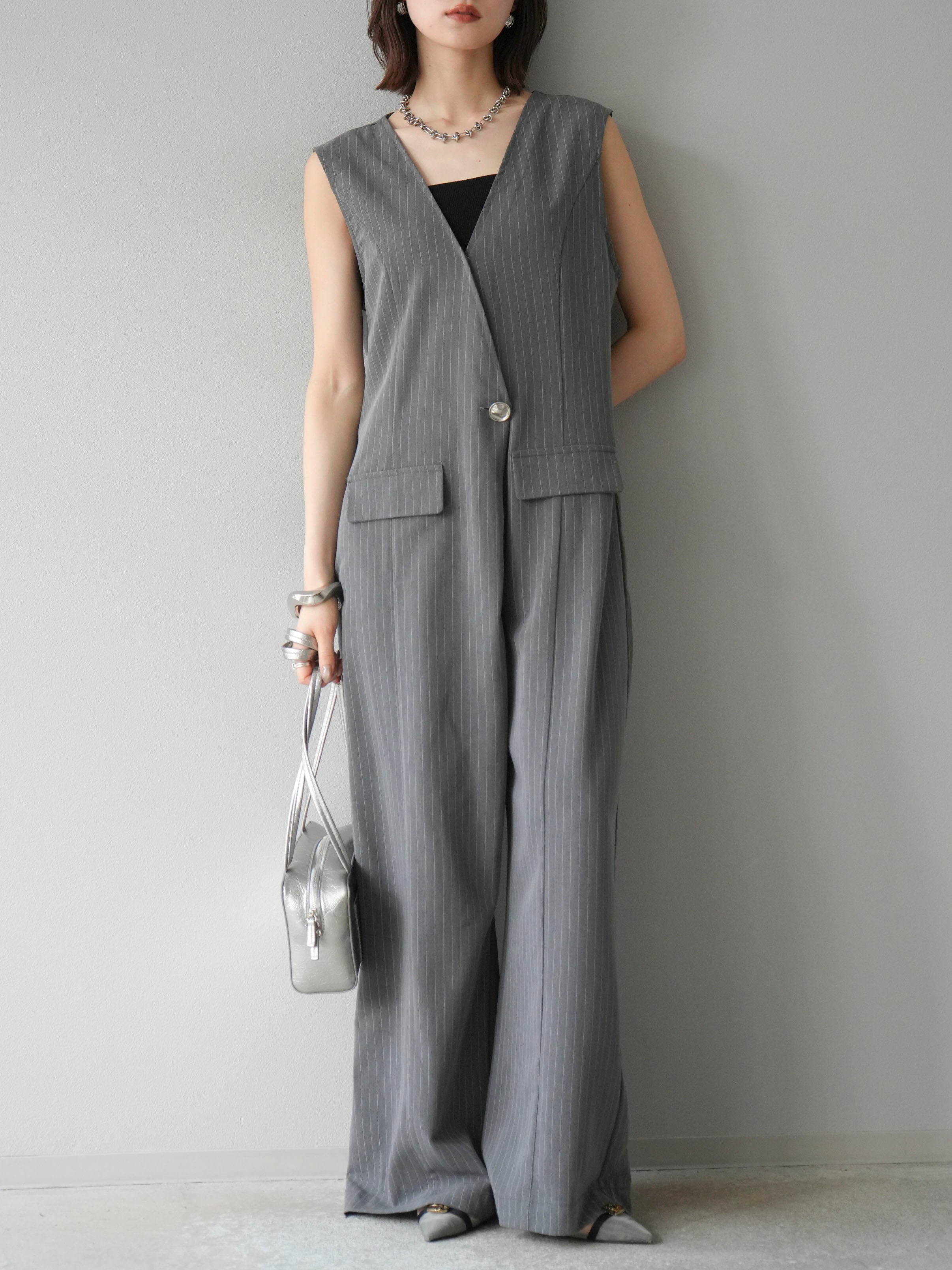 予約]ストライプラップデザインオールインワン/グレー – Lumier