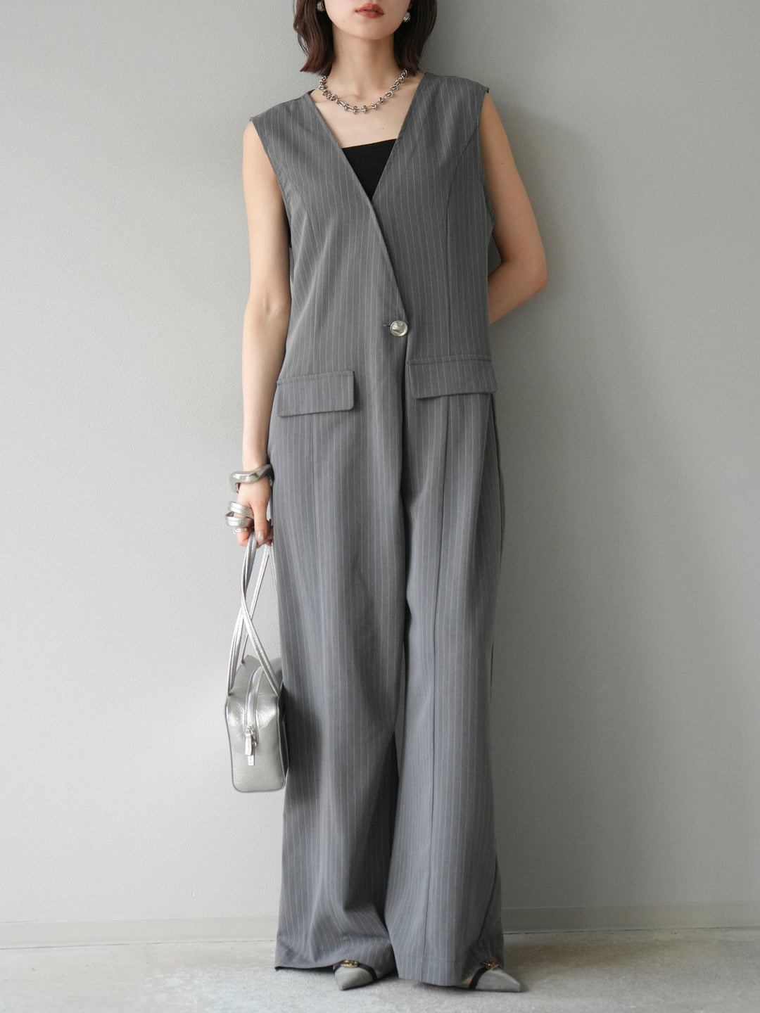 [予約]ストライプラップデザインオールインワン/グレー