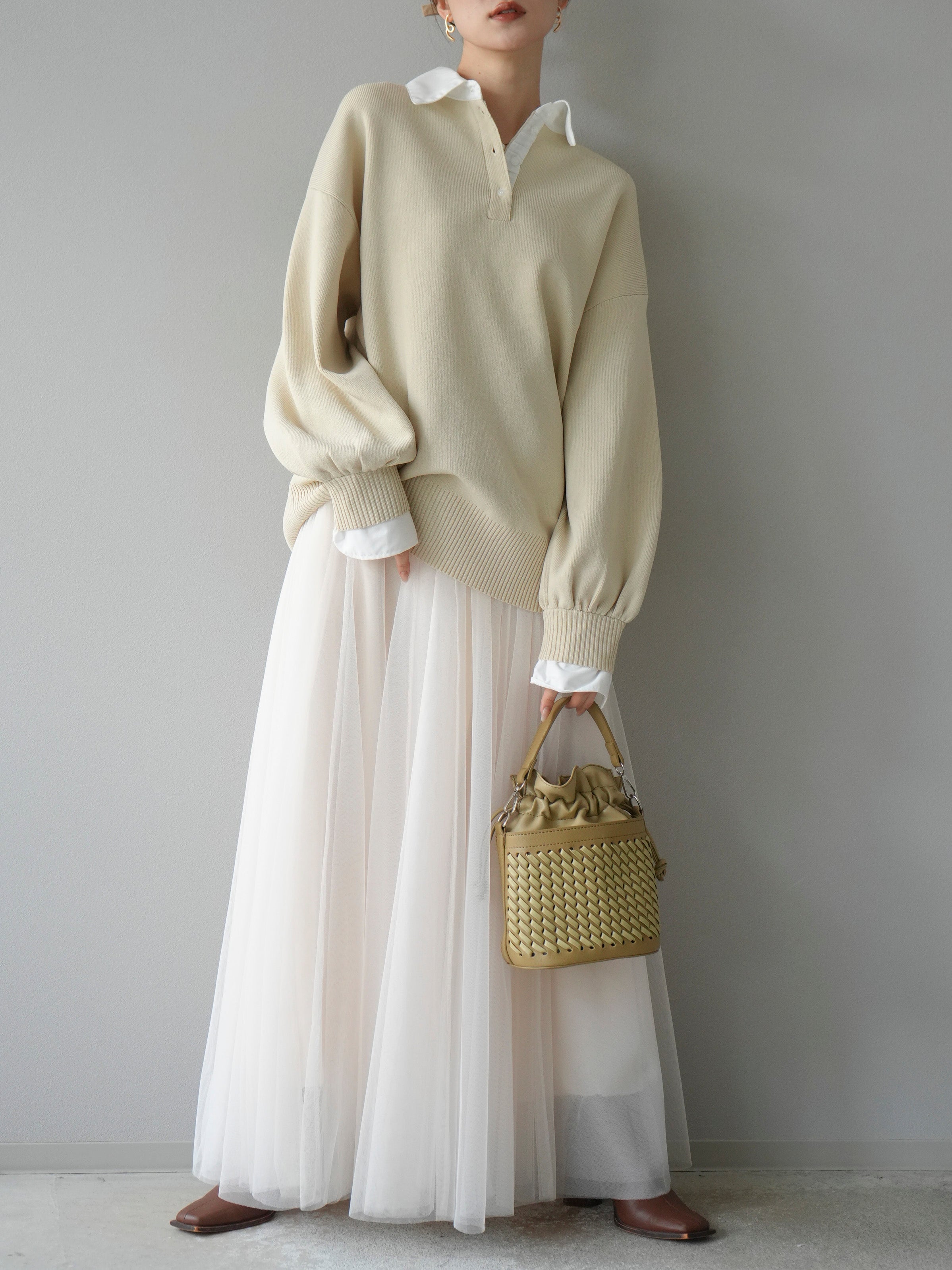 予約]襟付きポロニットプルオーバー/アイボリー – Lumier