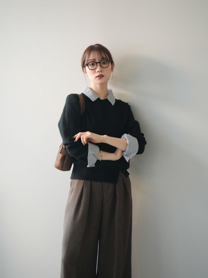 [予約]シャツドッキングデザイン裾ボタンニットプルオーバー/black