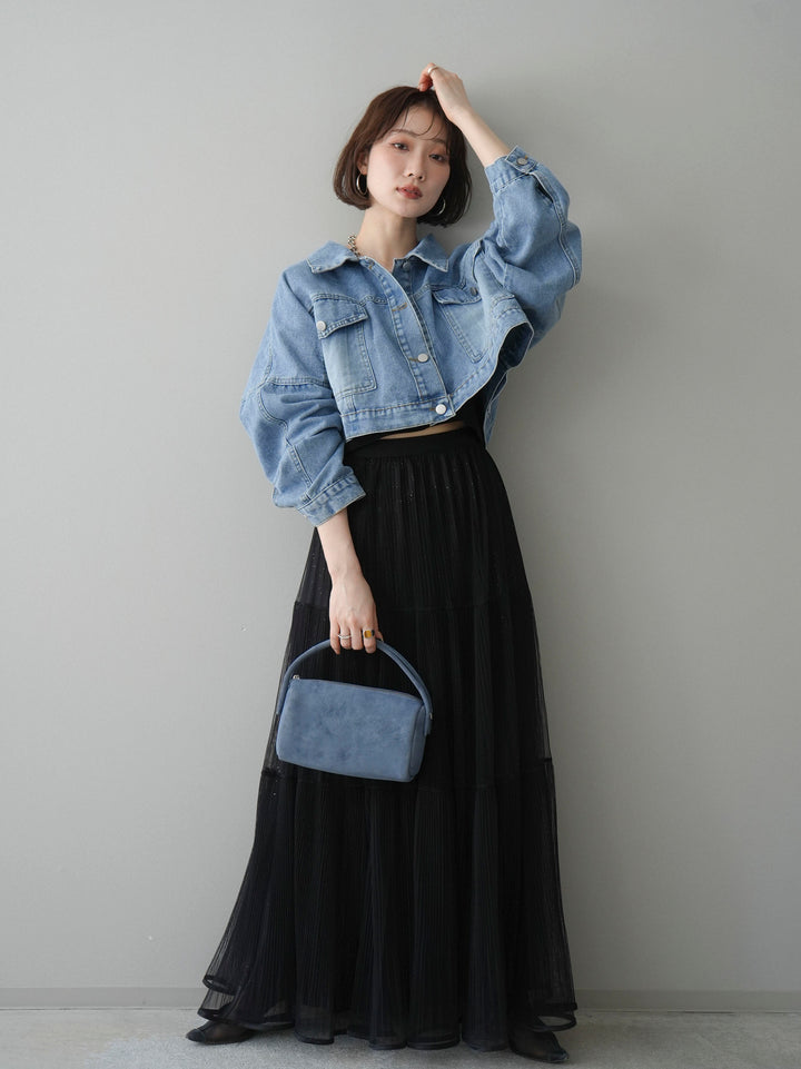 [予約]ラメプリーツレイヤードチュールロングスカート/black