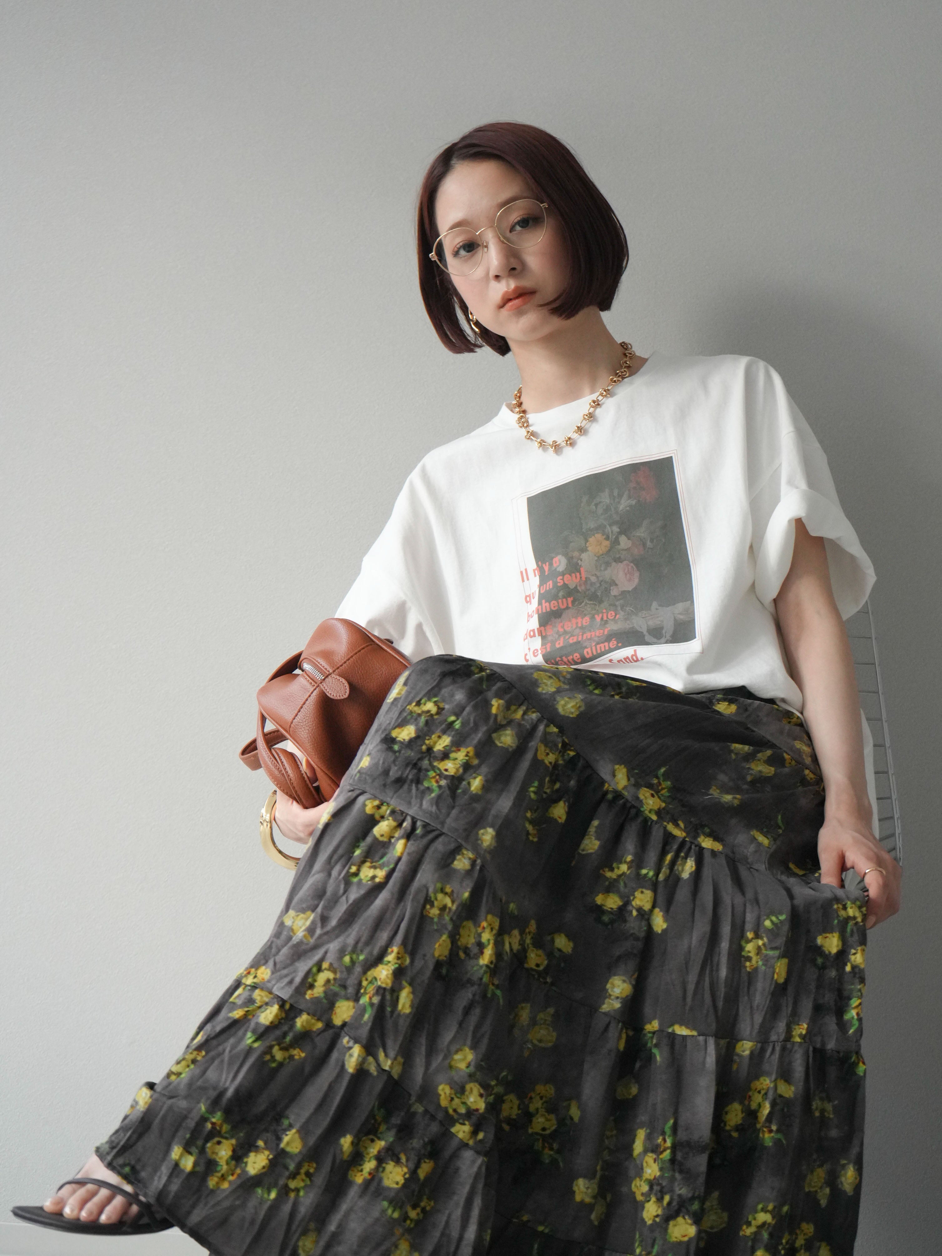 ★utaa シャツ　プリーツスカート　セット SET]フラワーアート×ロゴプリントビッグTシャツ+フラワーワッシャー