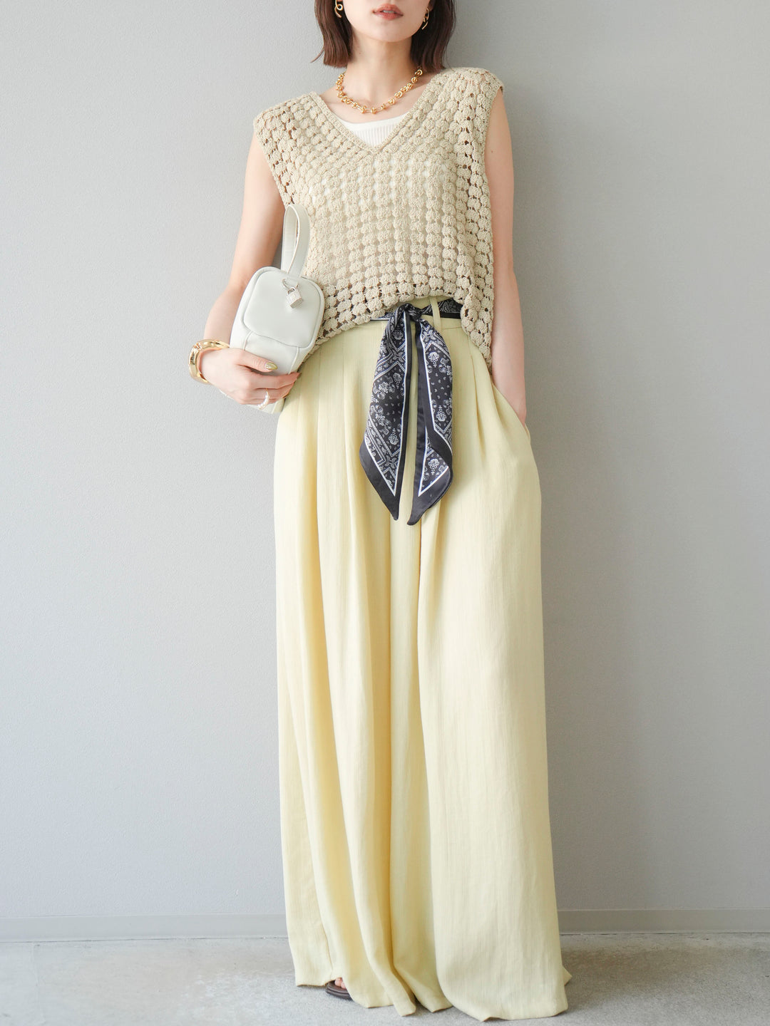 [予約]スカーフベルト付3タックワイドパンツ/イエロー