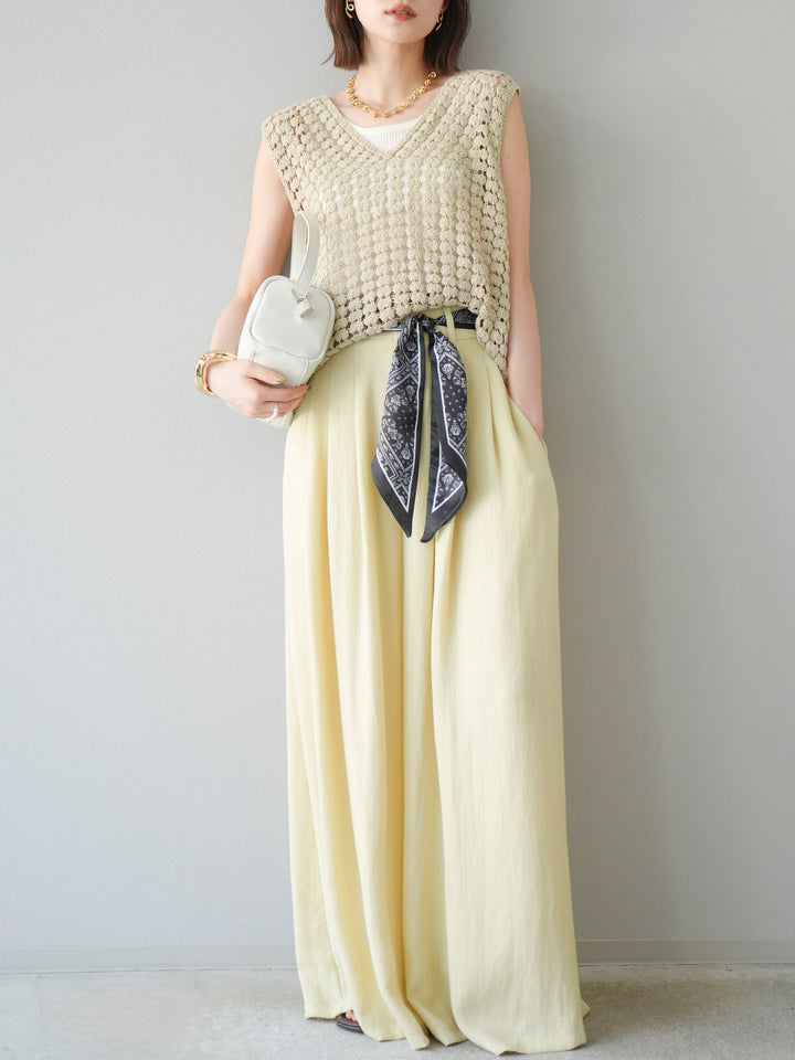 [予約]スカーフベルト付3タックワイドパンツ/イエロー