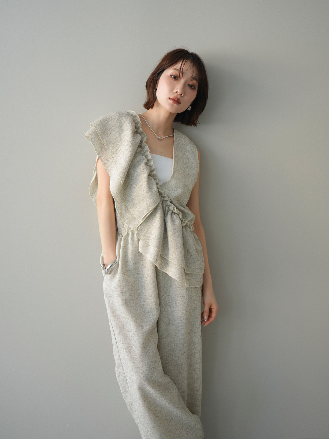 [SET]3WAYミックスツイードギャザーオールインワン+選べるアクセセット(2set)