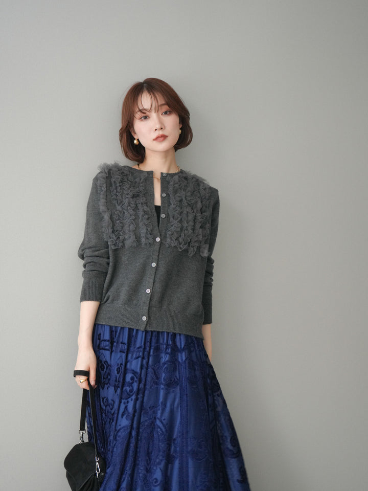 [SET]チュールフリルニットカーディガン+アンティーク柄フロッキーマキシスカート(2set)