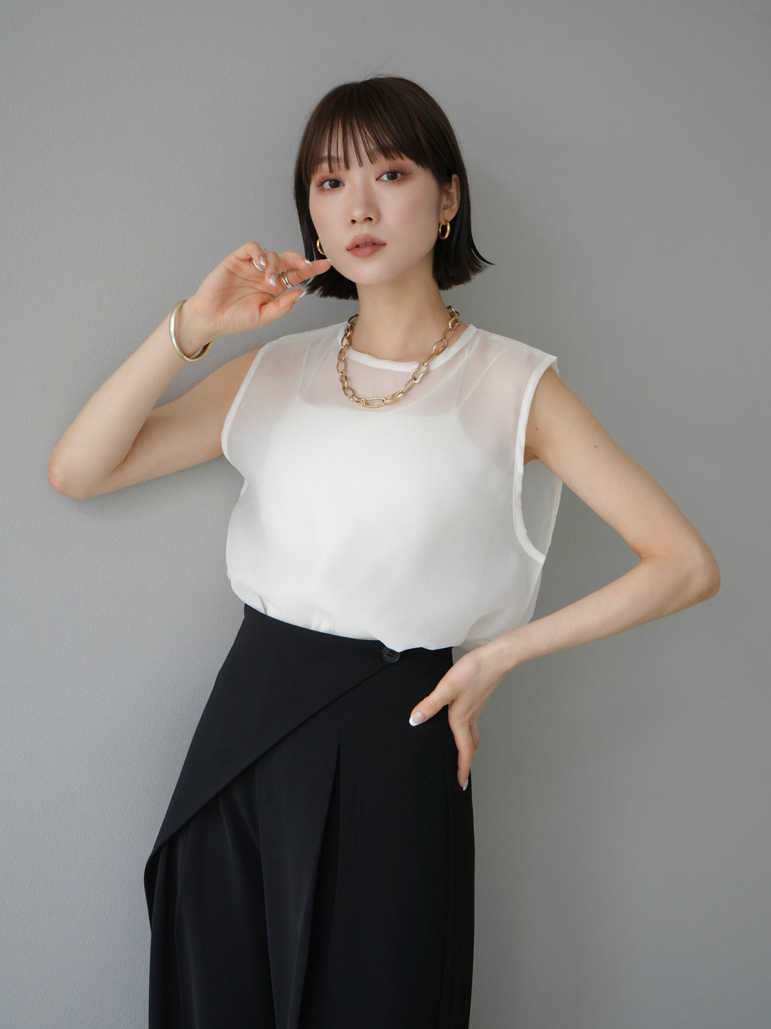 [SET] Organza sleeveless top + wrap wide pants (2set)