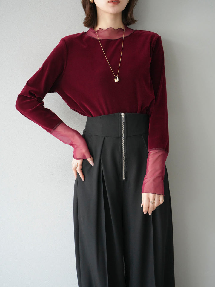 [預購] 薄紗天鵝絨上衣/酒紅色