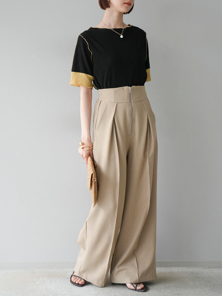 [SET] 百褶同色船領套頭衫 + 拉鍊褶襉寬褲 (2 套)