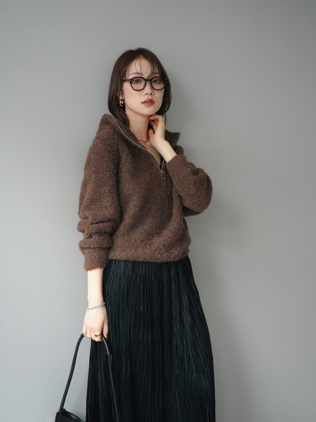 [予約]スタンドジップMIXブークレニットプルオーバー/brown