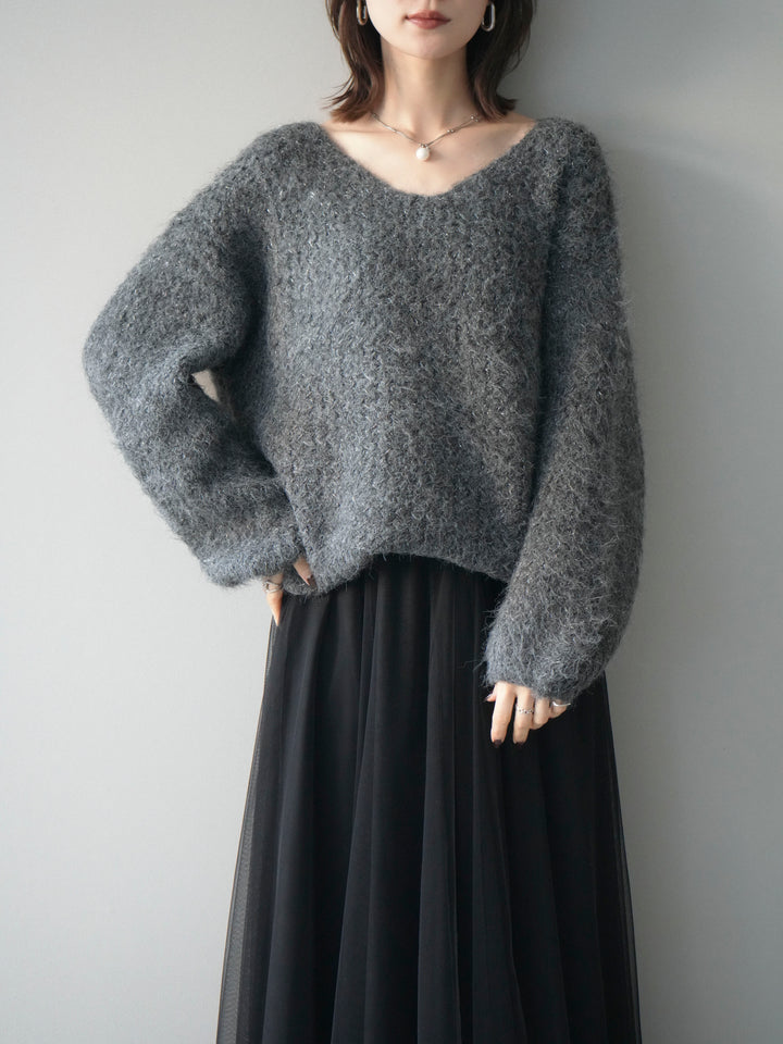 [SET]ウールタッチラメミックスヤーンVネックニットプルオーバー+チュールボリュームスカート(2set)