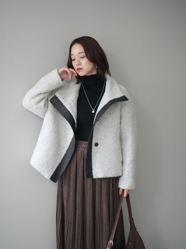 [SET]レザー切替ブークレブルゾン+袖ボタンボトルネックリブニットトップス+裾レーススウェードプリーツマキシスカート(3set)