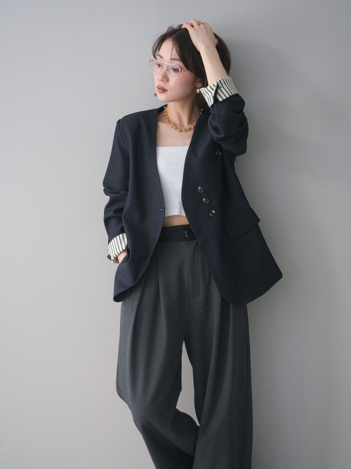 [SET]ノーカラージャケット+サテンベルトタックワイドパンツ(2set)